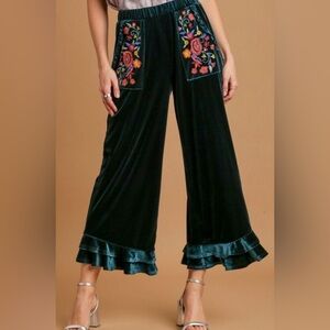 Umgee Embroidered Velvet Wide-Leg Pants - Green